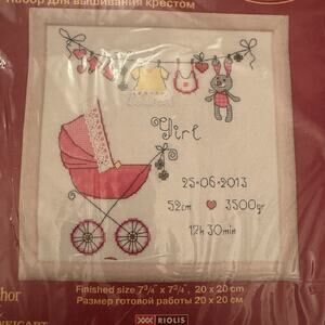 NEW Cross Stitch Kit "It's a Girl" Birth Record Baby Carriage Riolis #R1417